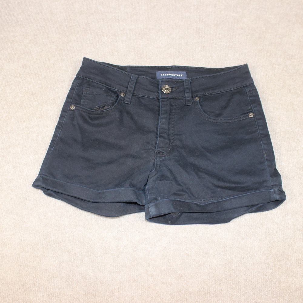 Aeropostale Womens High Rise Midi Denim Shorts Black Cuffed Size 8